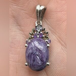 Purple Charoite Cabochon and Amethyst Sterling Silver Pendant